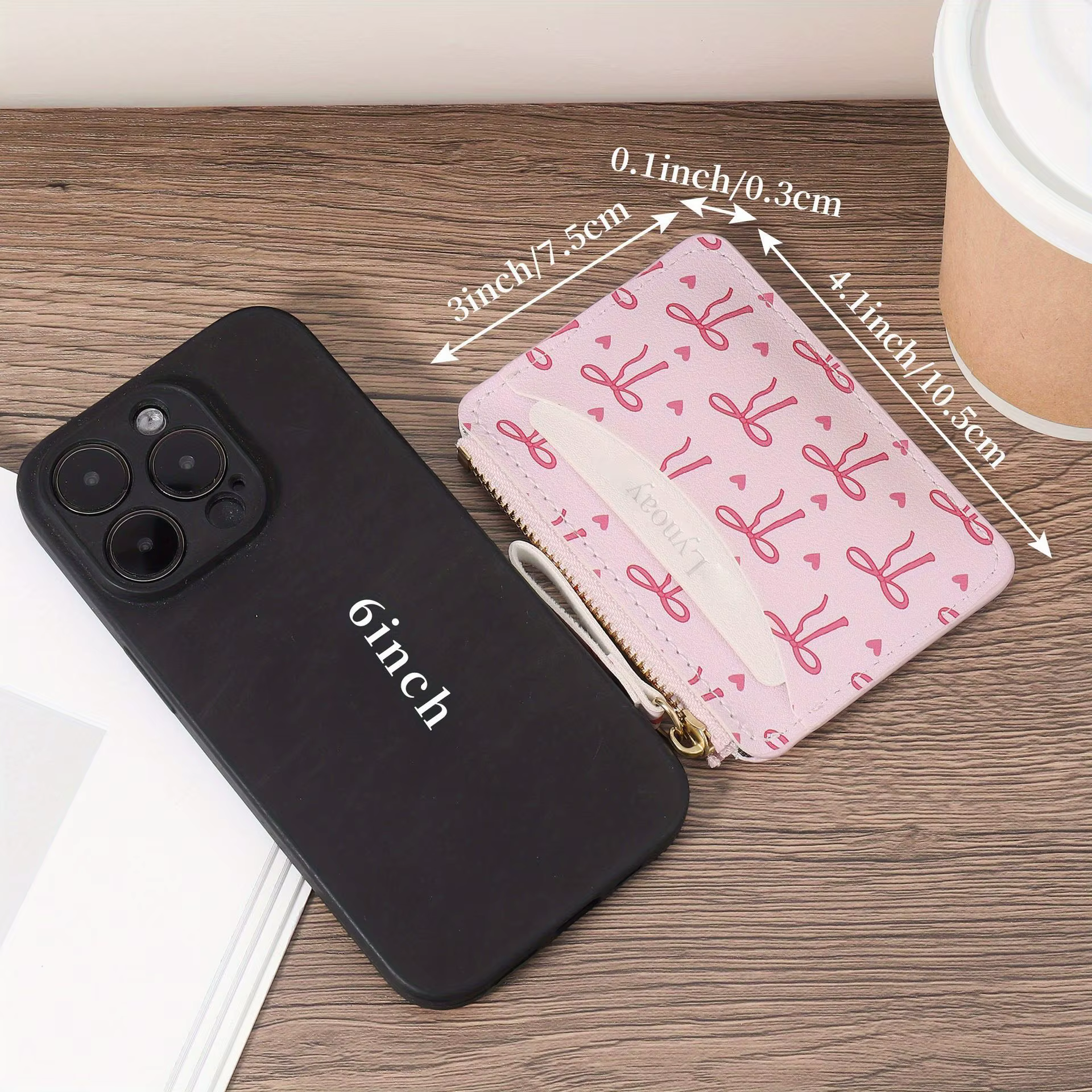 Portefeuille ultra-fin à fermeture éclair pour femme : porte-cartes rose avec nœud en forme de cœur
