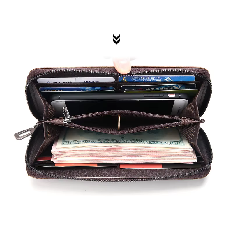 Portefeuille long en cuir pour hommes – Porte-monnaie intelligent de marque avec porte-carte de crédit
