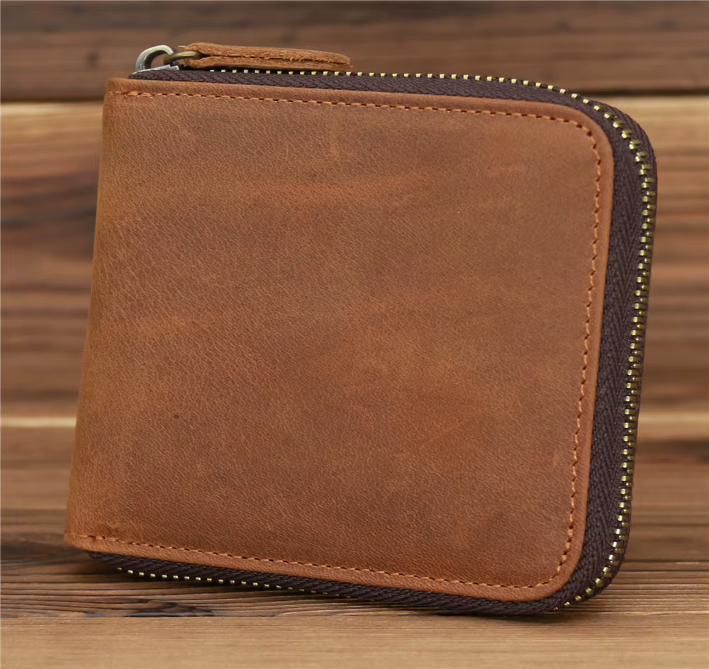 Portefeuille en cuir véritable à fermeture éclair pour hommes