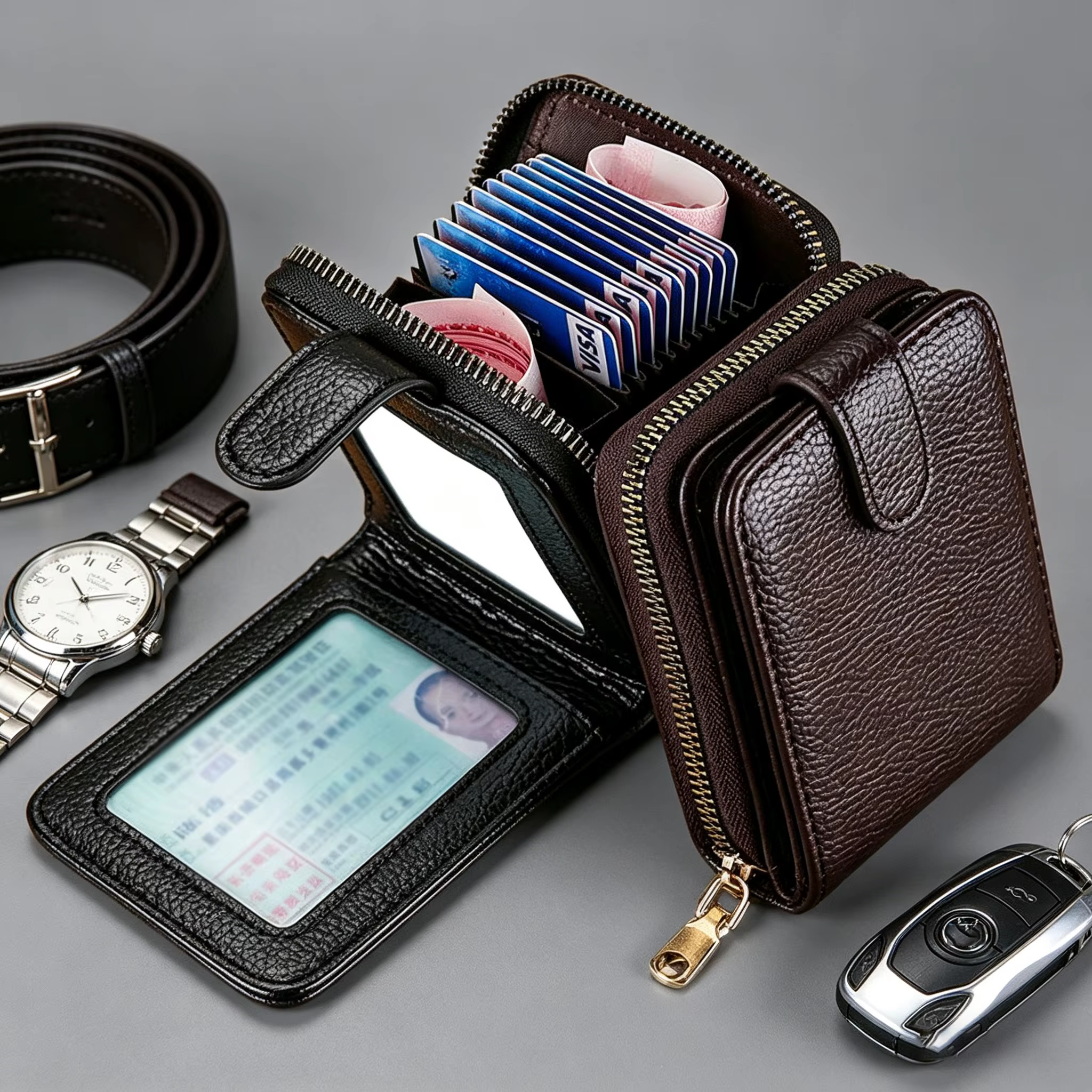 Portefeuille porte-cartes multifonction WERLLANDS en cuir PU grain litchi avec fermeture éclair et plusieurs emplacements pour cartes