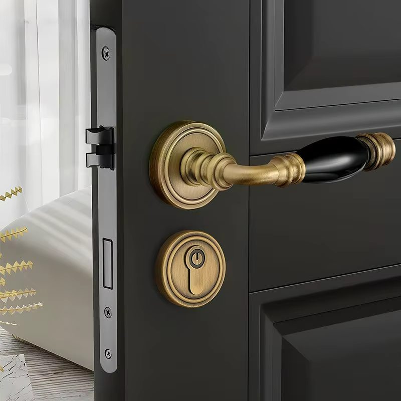 Serrure de porte intérieure en cuivre pur, style rétro français, silencieuse, avec poignée de porte séparée pour chambre à coucher