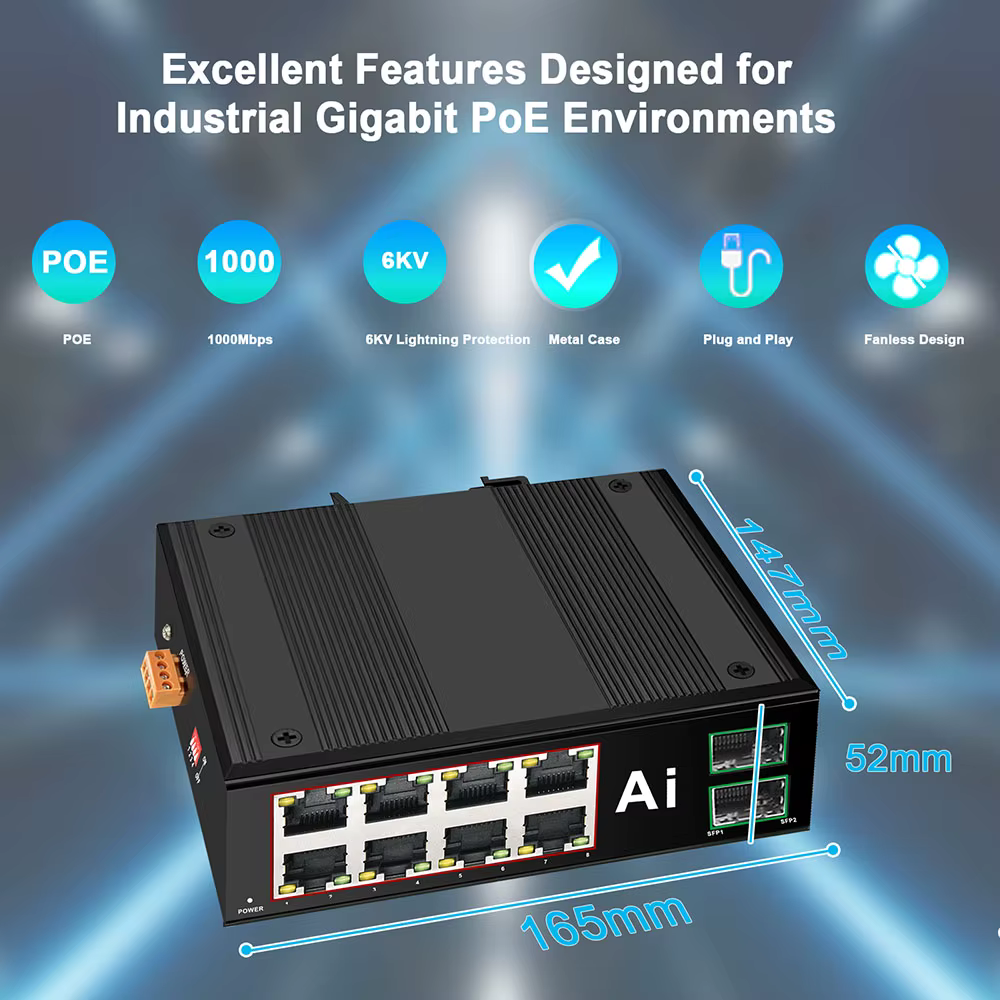 Commutateur Ethernet industriel Gigabit POE commutateur industriel réseau 6/10 ports 10/100/1000Base-T DIN IP40 commutateur réseau extérieur