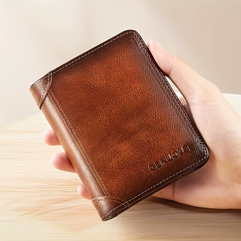 GERUOLA portefeuille mince en cuir véritable blindé RFID pour hommes-porte-carte d'identité et de crédit multifonctionnel marron foncé avec embellissements