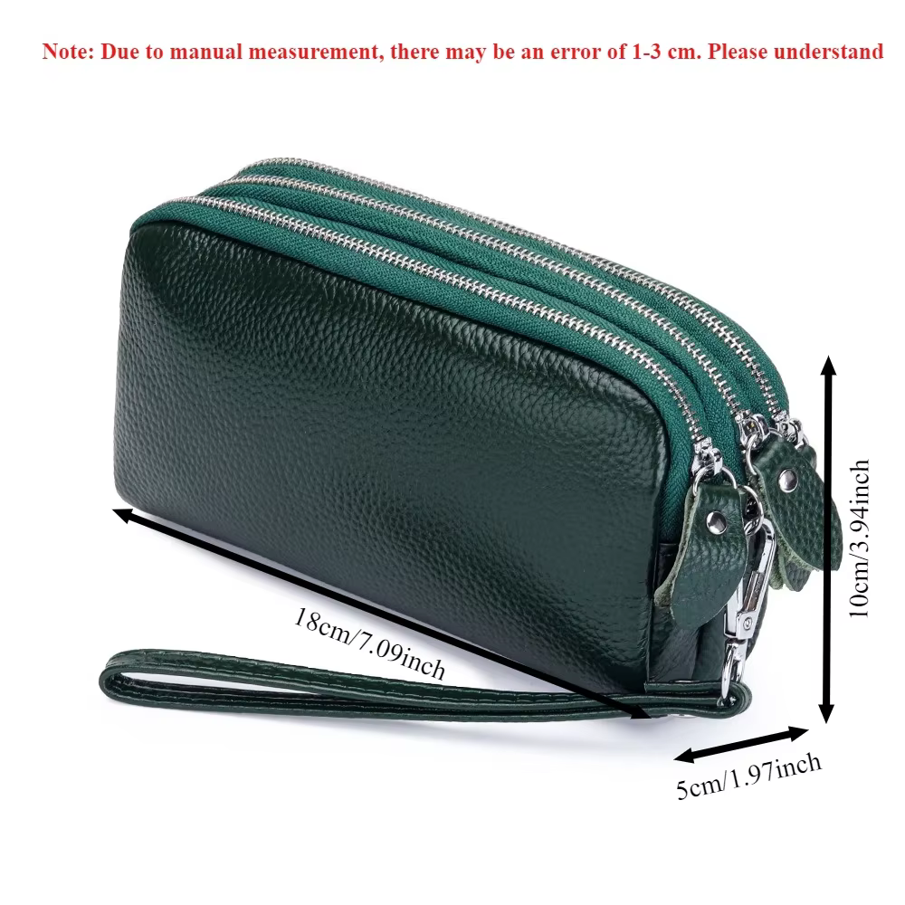 Femmes Long portefeuille en cuir véritable 3 couches fermeture éclair sac à main grande capacité bracelet pochette