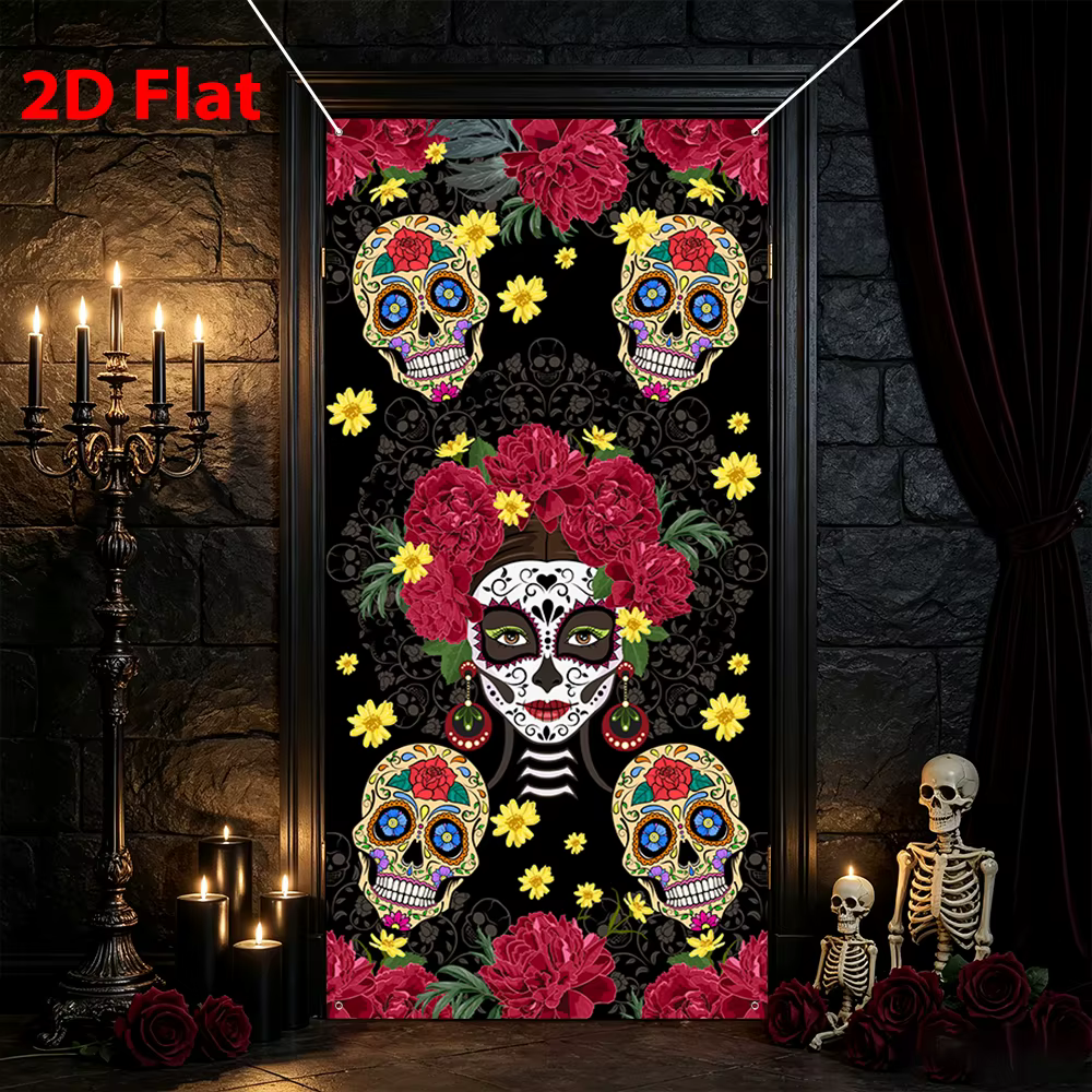 Housse de porte et toile de fond suspendue pour le Jour des Morts, motif floral tête de mort mexicaine, pour Halloween, décoration de porte d'entrée, mur, fenêtre, fournitures de fête