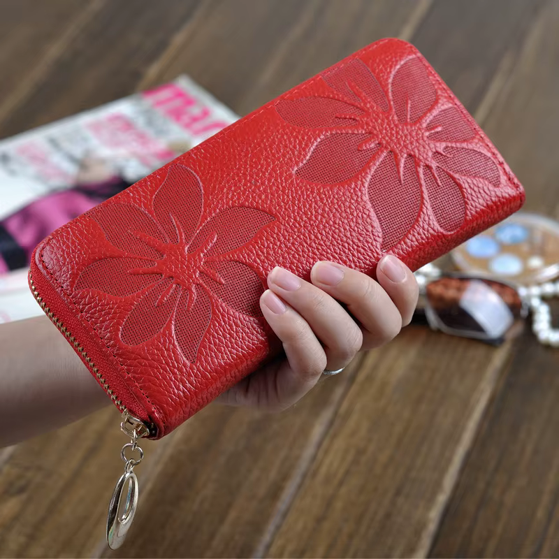 Portefeuille long en cuir véritable pour femme