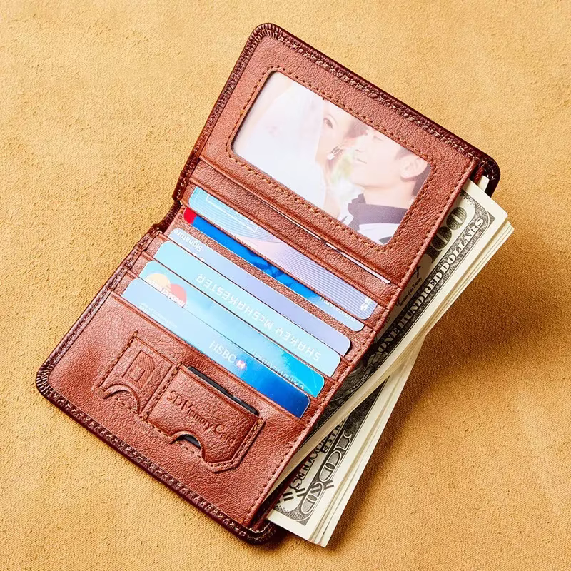 Portefeuille en cuir véritable Pour hommes deux sacs à main pliants RFID porte-cartes
