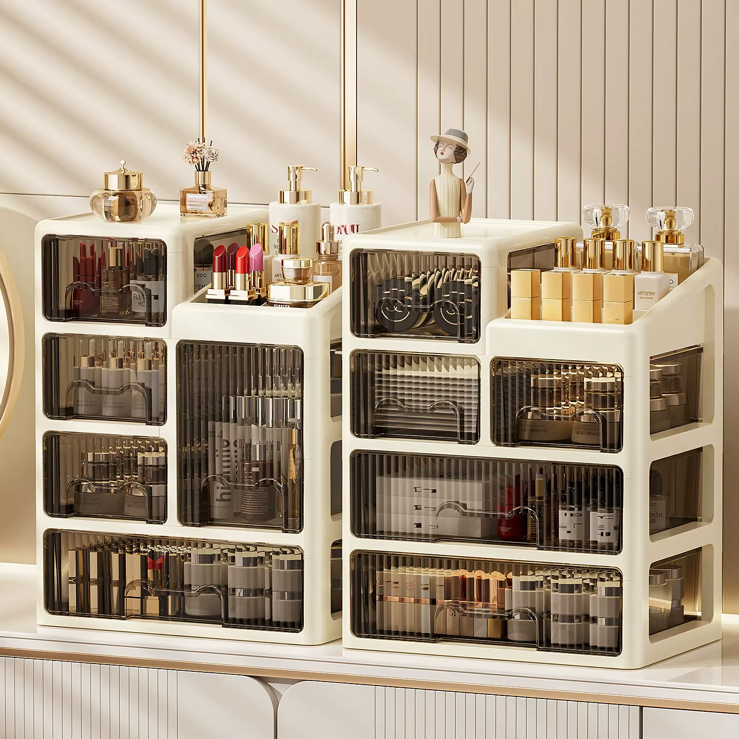 Boîte de rangement de cosmétiques de style tiroir, coiffeuse haut de gamme, rouge à lèvres, produits de soins de la peau, étagère à bijoux, boîte de rangement de bureau