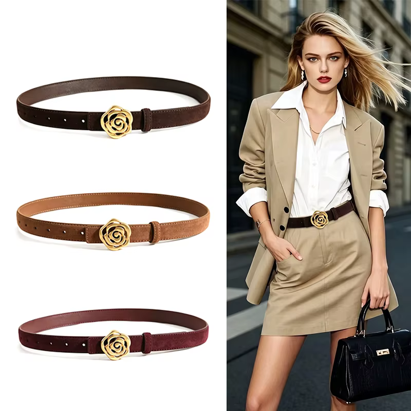 Ceinture en cuir suédé pour femme, style vintage, boucle fleur rose dorée, avec emballage cadeau, pour robe ou jean