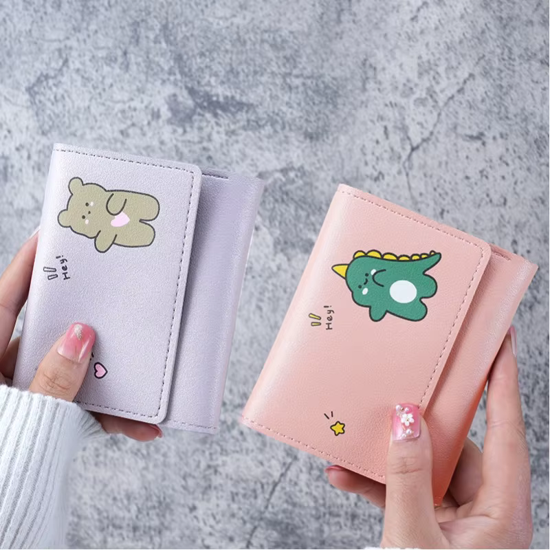 Portefeuille court mignon pour femme 2024 avec fermoir, porte-cartes d'identité et bancaires, pour étudiante, sac à monnaie, portefeuille pour femme, sac à motif de dessin animé rose