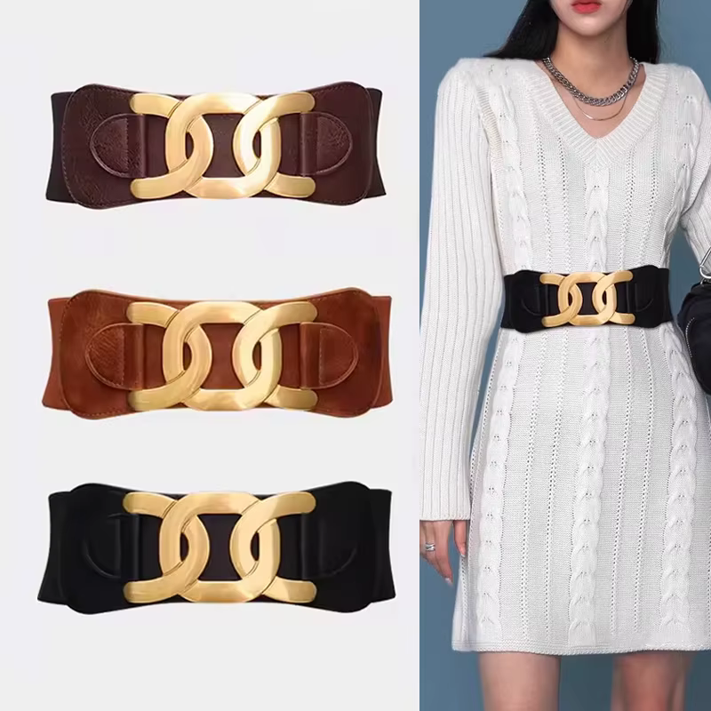 Ceintures élégantes à boucle à crochet CC dorée pour femmes