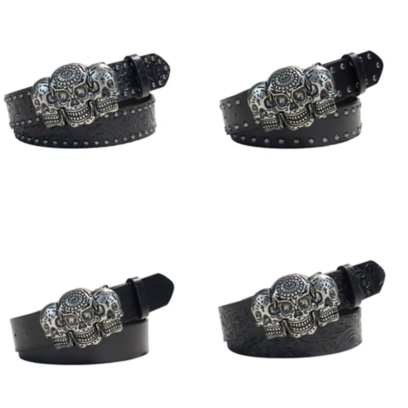 Ceinture vêtements occidentaux 39BB pour hommes femmes, ceinture taille avec Plaque crâne foncé avec réglage