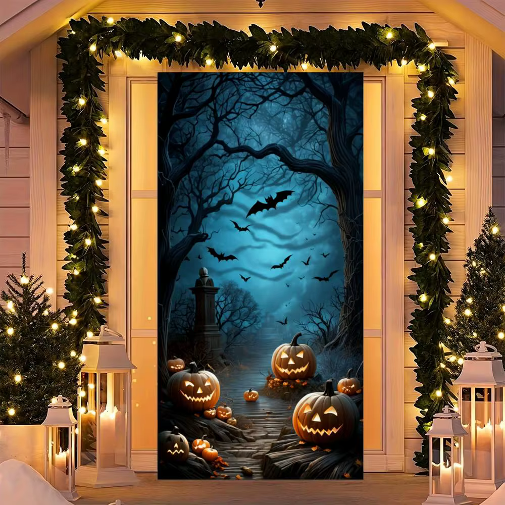 Décorations de porte d'Halloween, lune d'horreur, nuit, arbre mort, cimetière effrayante, citrouilles, bannière de couverture de porte, porte d'entrée d'Halloween, porche arrière