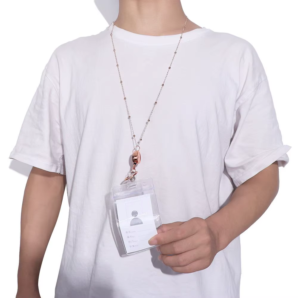 Porte-clés porte-carte d'identité en acier inoxydable, collier porte-badge avec porte-cartes d'identité, enrouleur de badge rétractable, cordon de cou DIY perlé