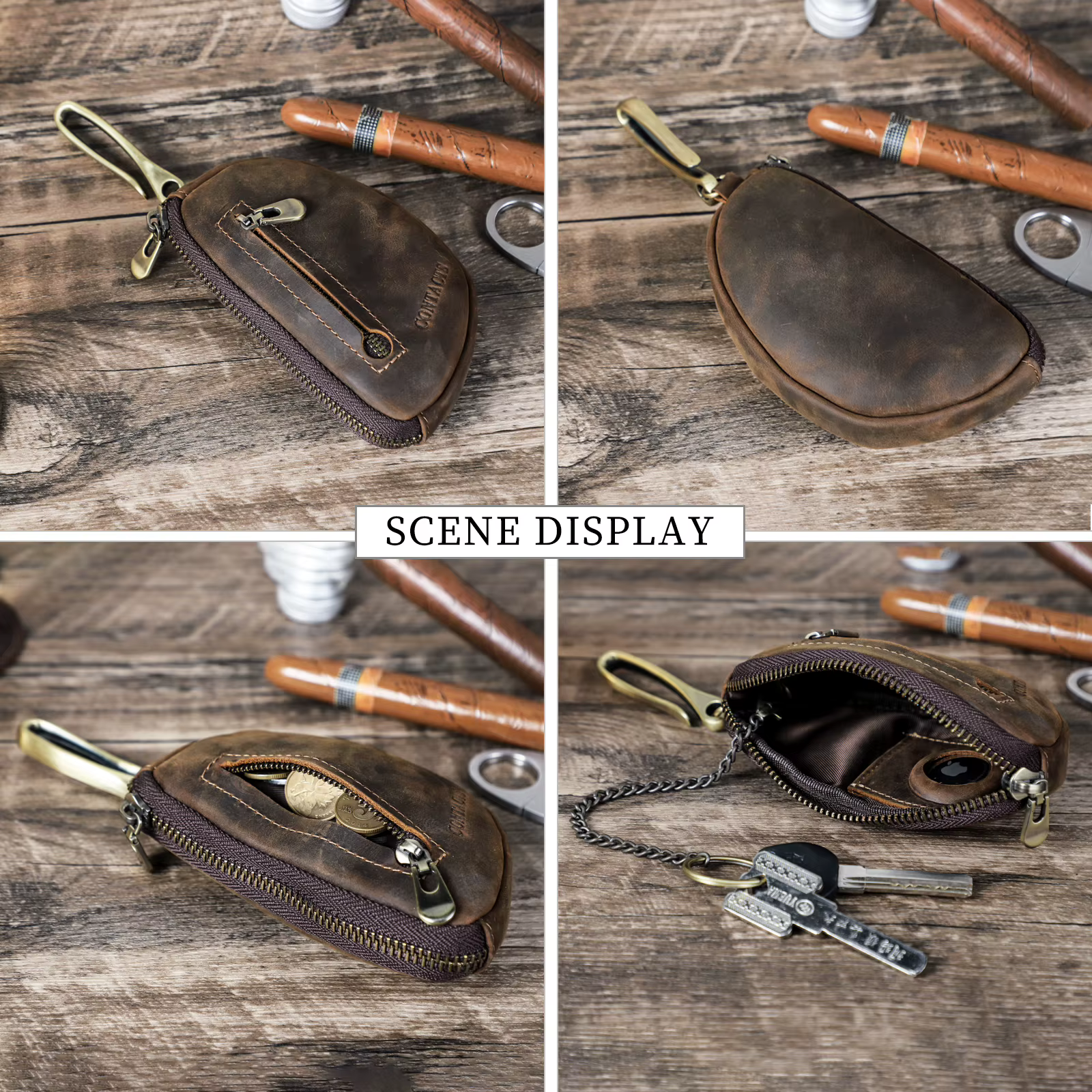 Porte-clés rétro en cuir véritable avec étui AirTag anti-perte, porte-clés zippé pour homme, organisateur de clés pour homme