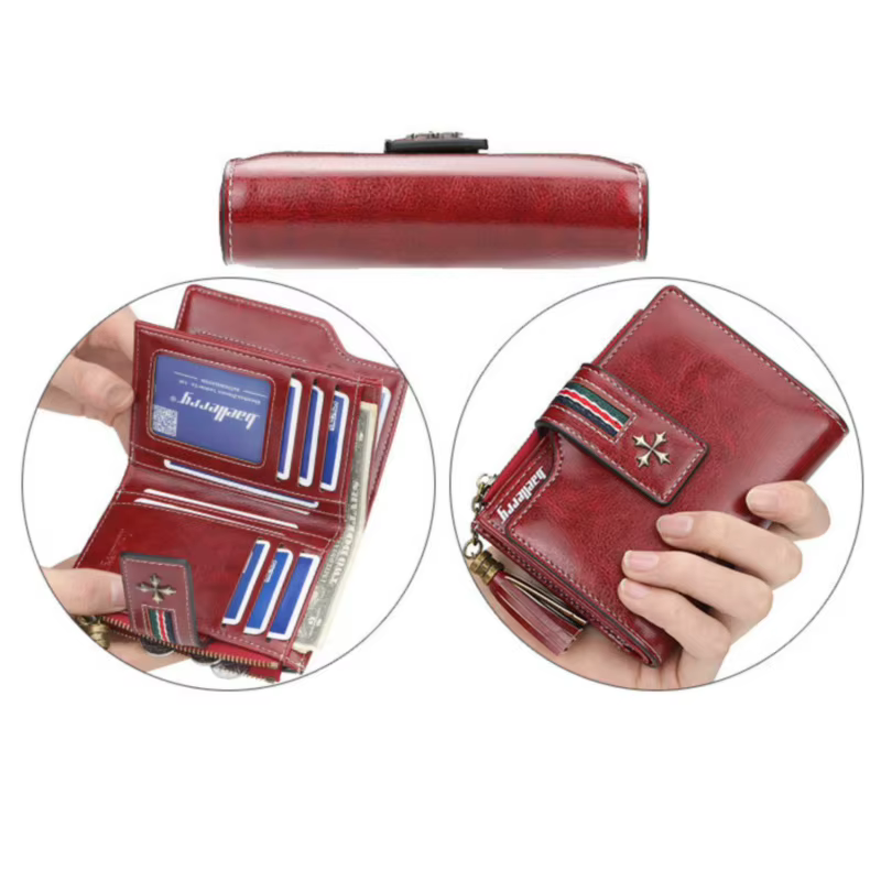 Nouveau Pu FEMMES portefeuille avec de l'huile de cire en cuir glands, à la mode trois fois court portefeuille, multi-fente fermeture éclair porte-monnaie