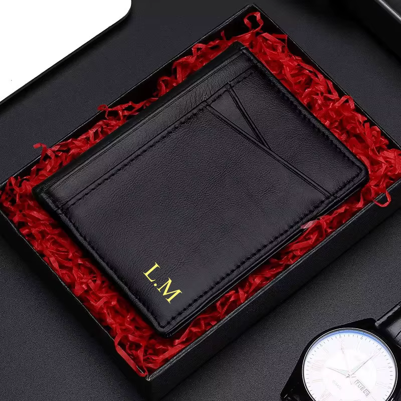 Porte-cartes en cuir véritable avec nom personnalisable pour hommes et femmes
