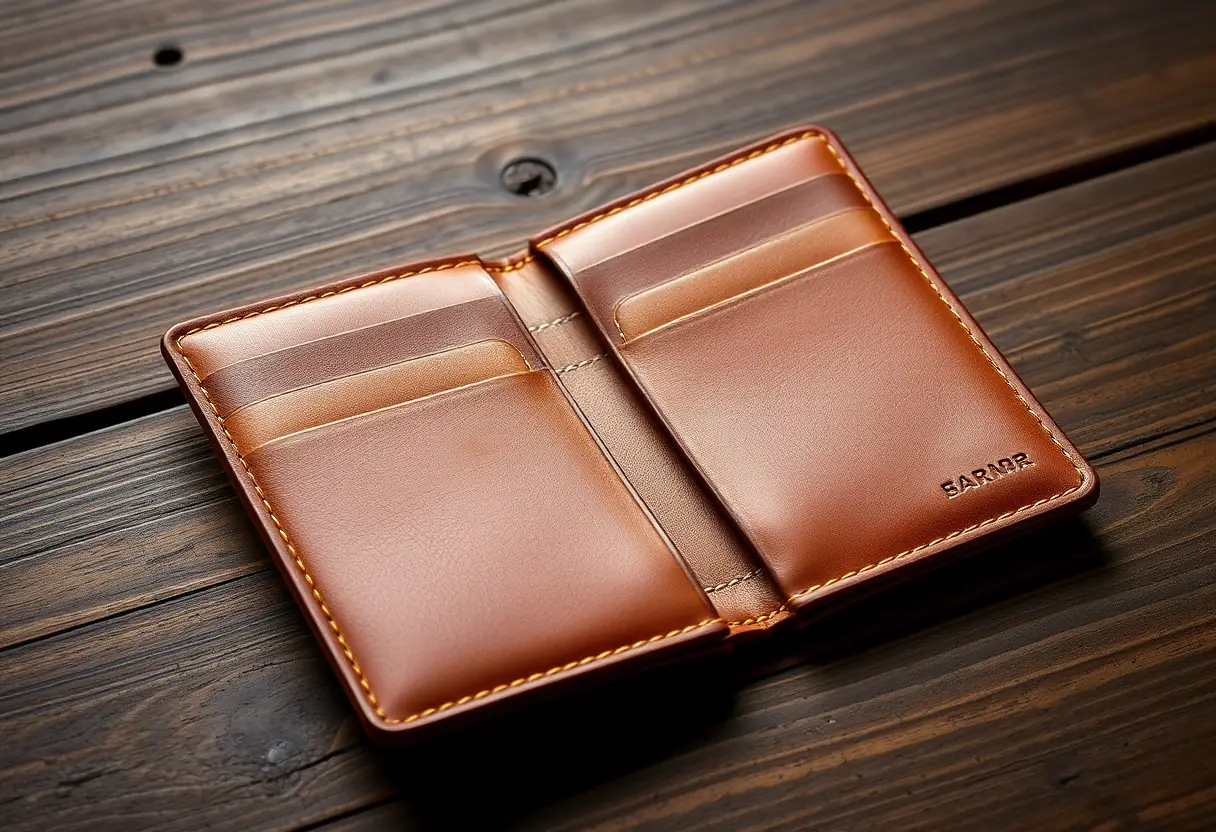 Un portefeuille en cuir de chèvre posé sur une table en bois
